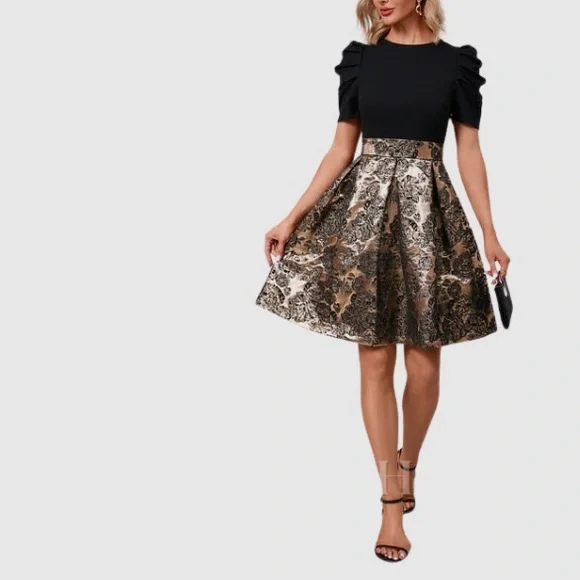 Goth Dress Black Knit Bodice & Gold Floral Brocade by JJ’s House NWT - Picture 2 of 9